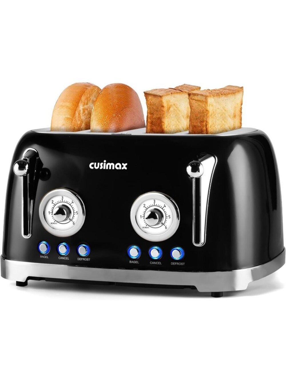 4 Slice Black Stainless Steel Retro Defrost Toaster with Wide Slots for Bagels